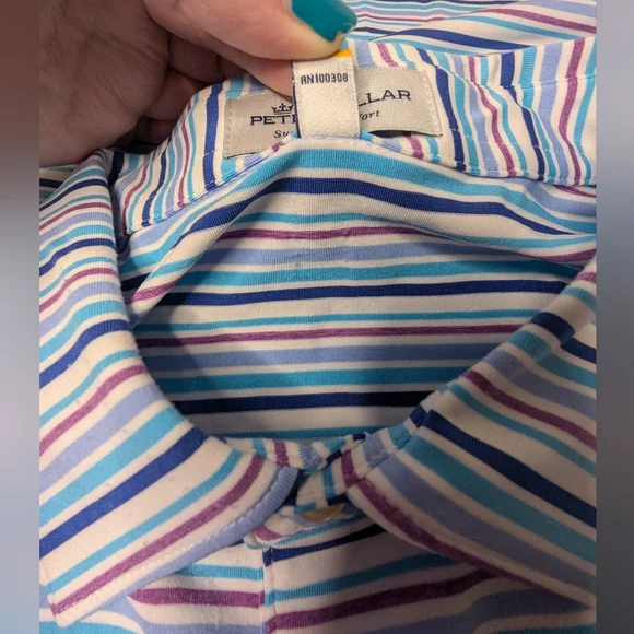 Peter Millar XL 'Summer Comfort' Polo Short Sleeve Blue Stripe - Some Pilling - Picture 6 of 16